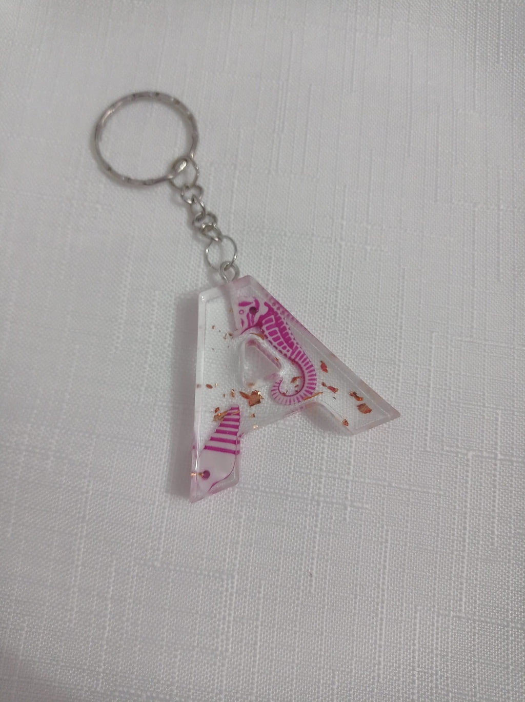 🐎 Handmade Resin Letter Keychain — Pink Seahorse and Gold Shimmer