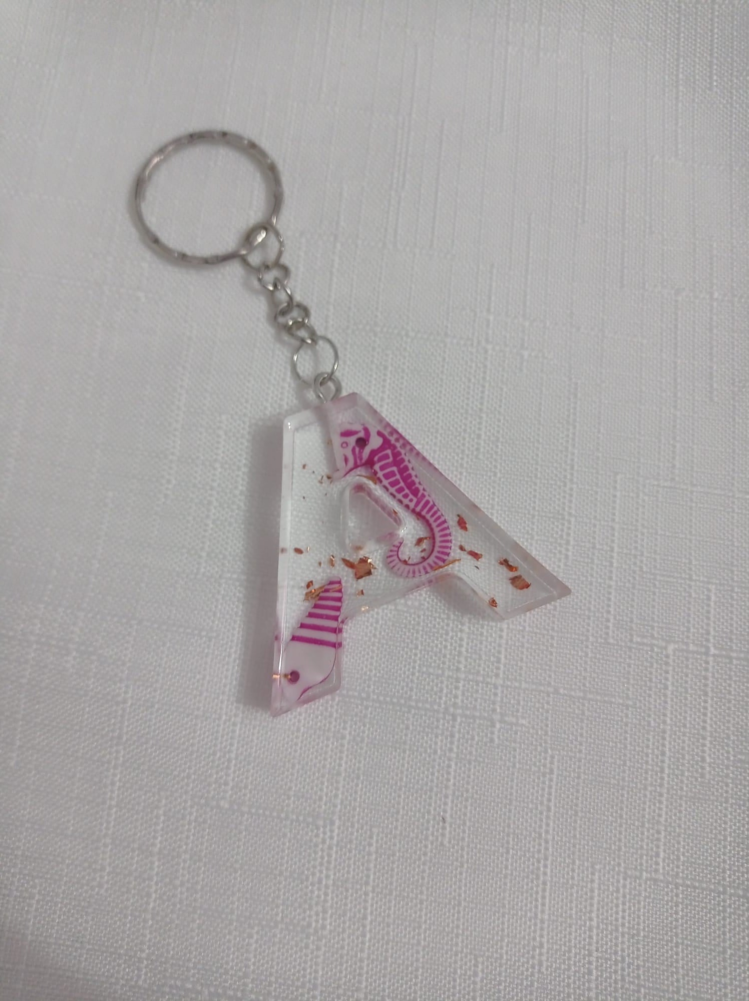 🐎 Handmade Resin Letter Keychain — Pink Seahorse and Gold Shimmer