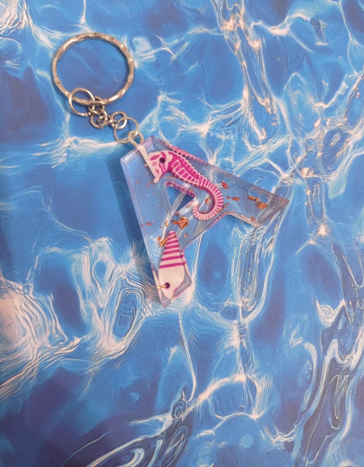 🐎 Handmade Resin Letter Keychain — Pink Seahorse and Gold Shimmer