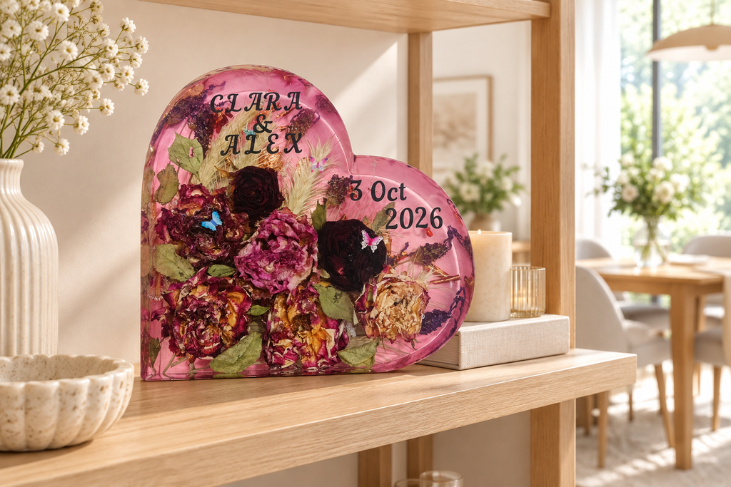 Corazón de resina con flores preservadas personalizado | Regalo de boda