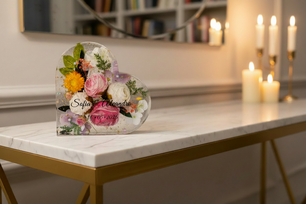 💍 Corazón de Resina Personalizado — Recuerdo de Boda con Flores Preservadas