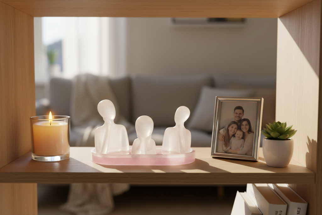 Figura familia feliz en estantería del hogar