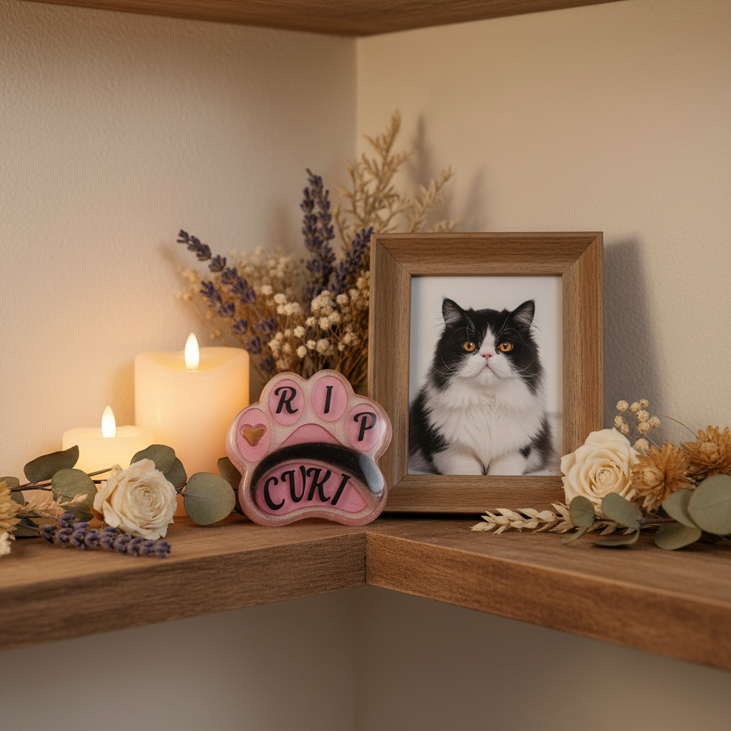 Huella memorial en estantería con foto de gato persa blanco y negro