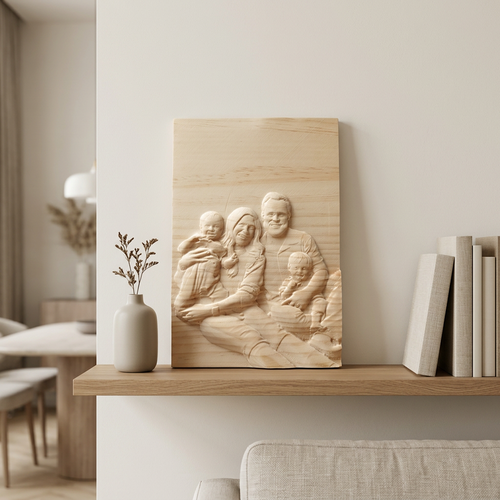 Retrato familiar tallado en madera sobre una estantería elegante de comedor