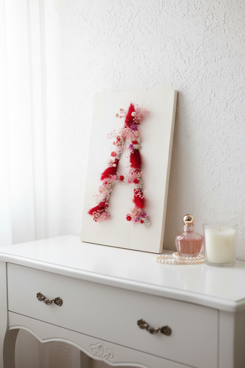 Cuadro letra A floral en tocador femenino romántico