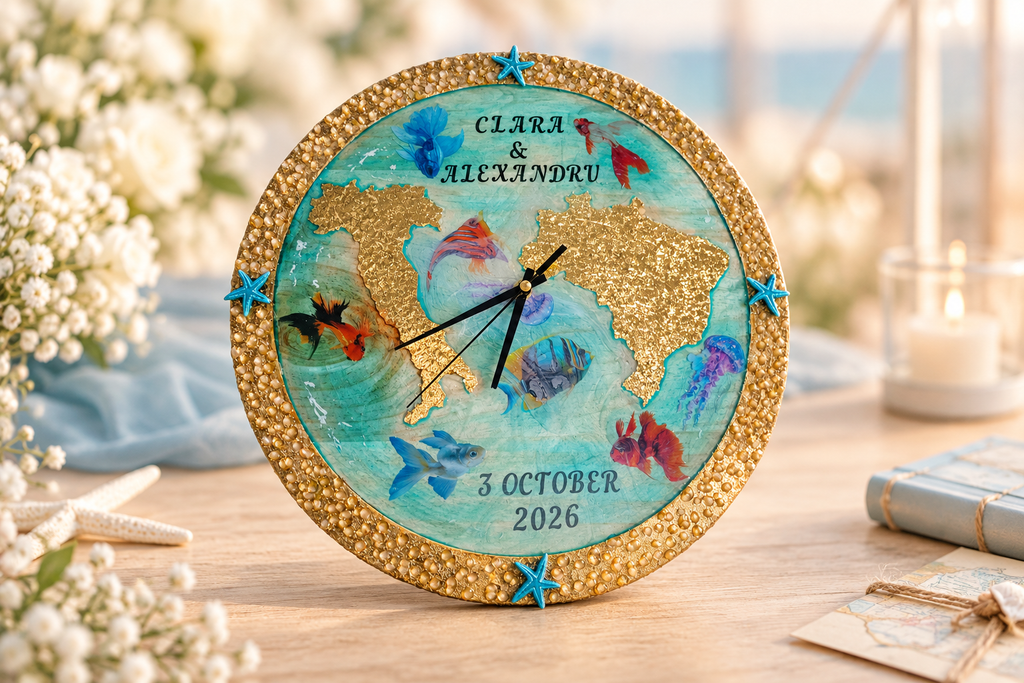 Reloj artesanal de madera, resina y papel de oro personalizado para una historia de amor