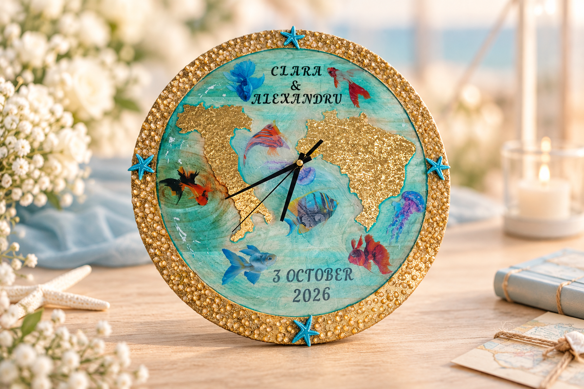 Reloj artesanal de madera, resina y papel de oro personalizado para una historia de amor