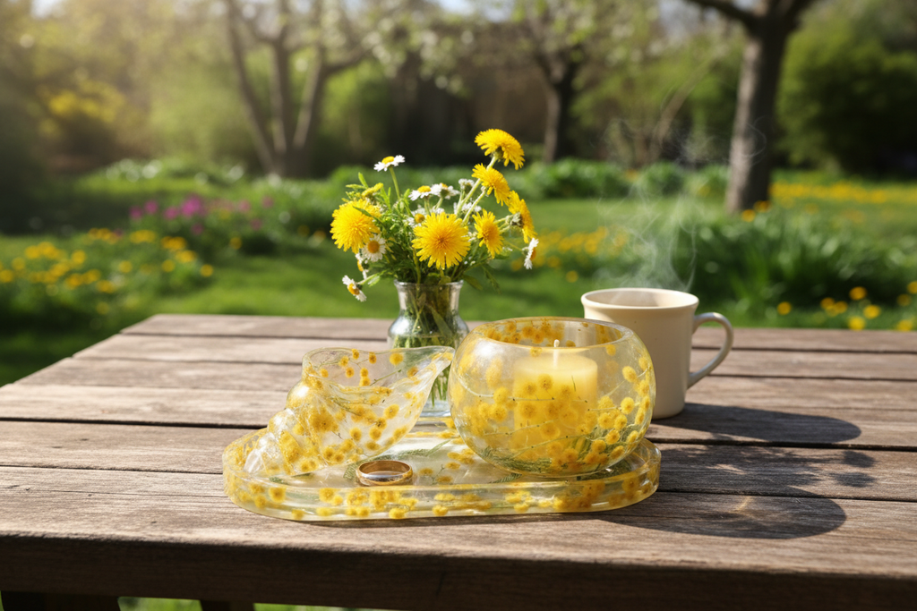 Juego decorativo mimosa en mesa de desayuno jardín