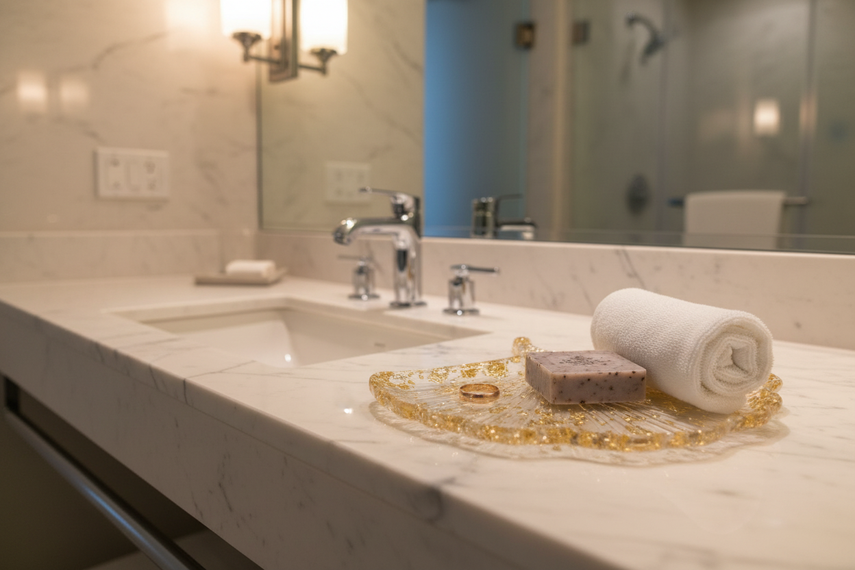 Bandeja hoja ginkgo dorada en baño de lujo