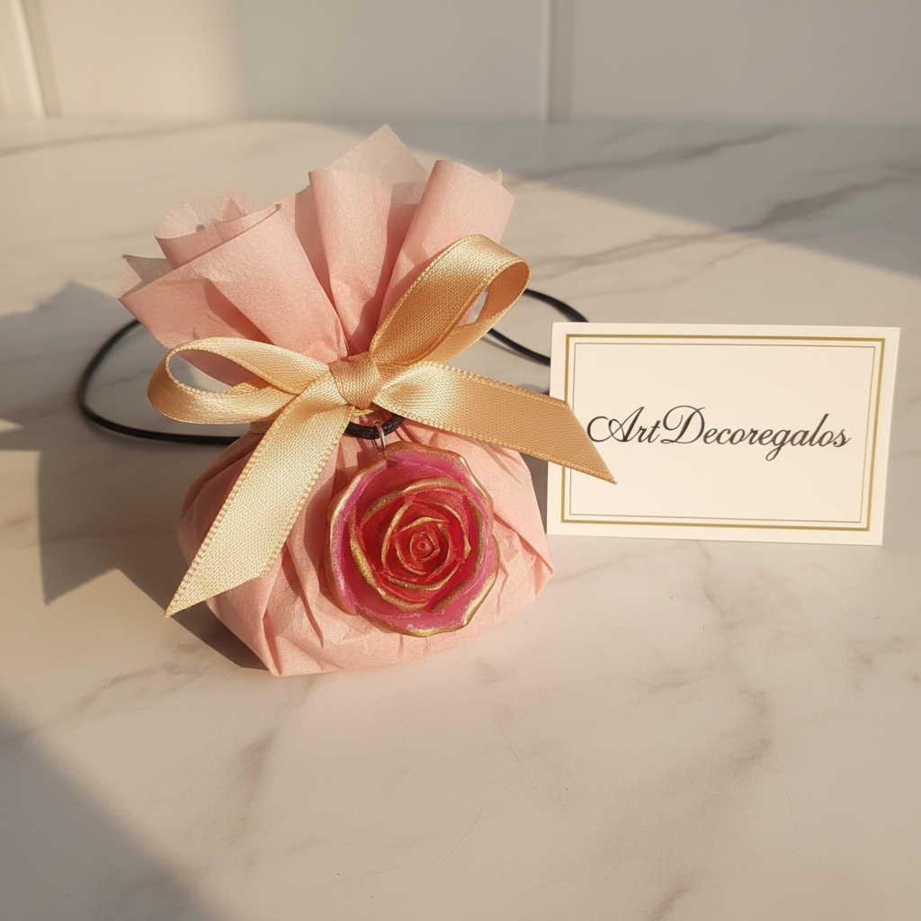 Collar rosa dorada en envoltorio elegante con tarjeta ArtDecoregalos