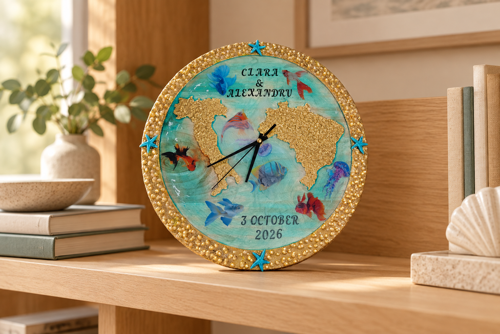 Reloj de pared artesanal de madera, resina y papel de oro colocado sobre una estantería