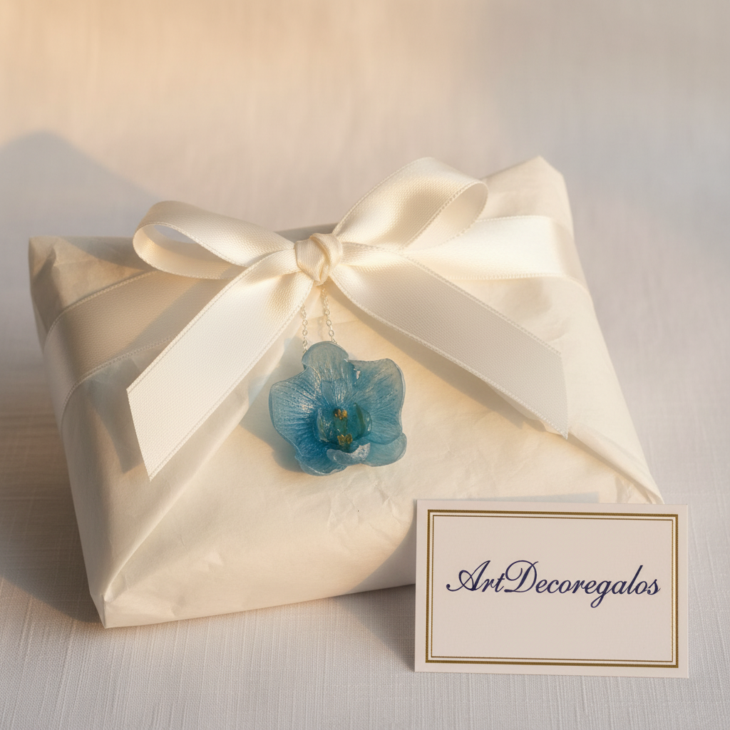 Collar orquídea azul en envoltorio de regalo con tarjeta ArtDecoregalos