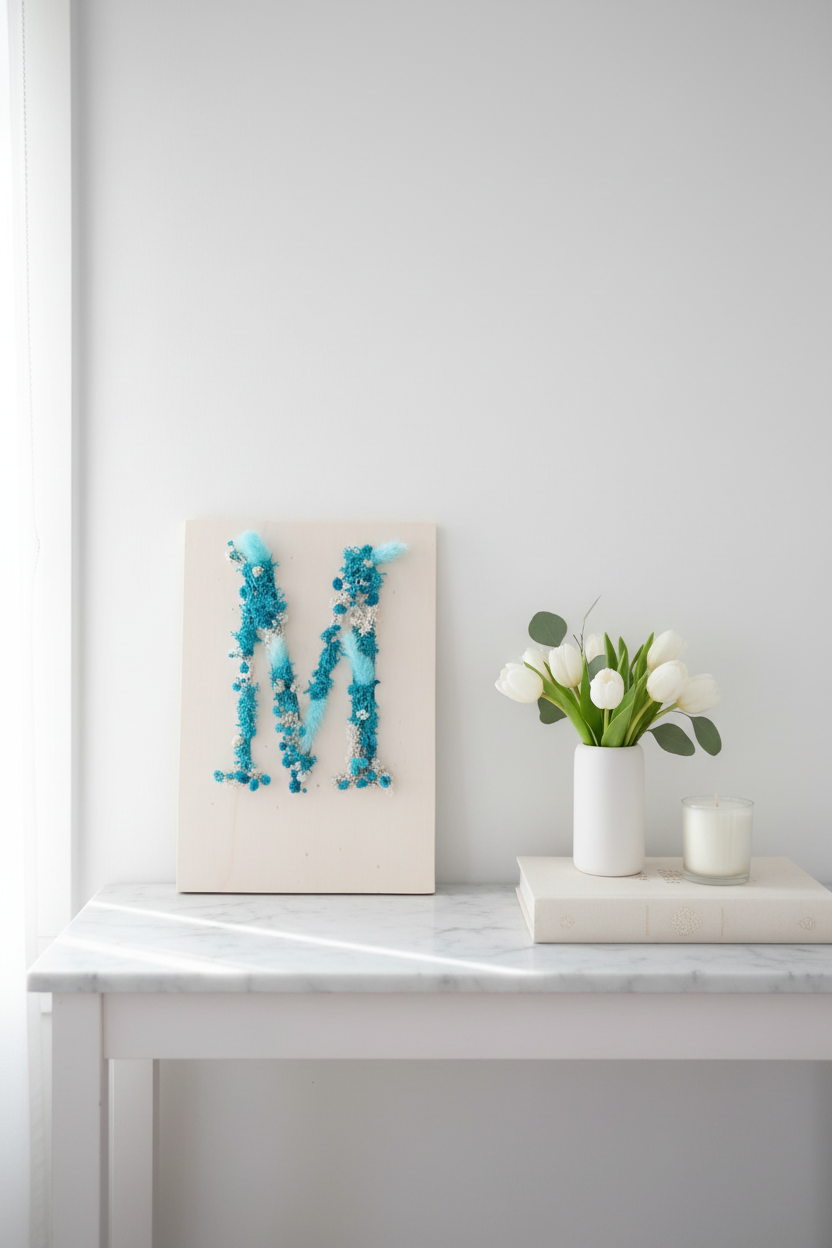 Cuadro letra M floral apoyado en consola blanca