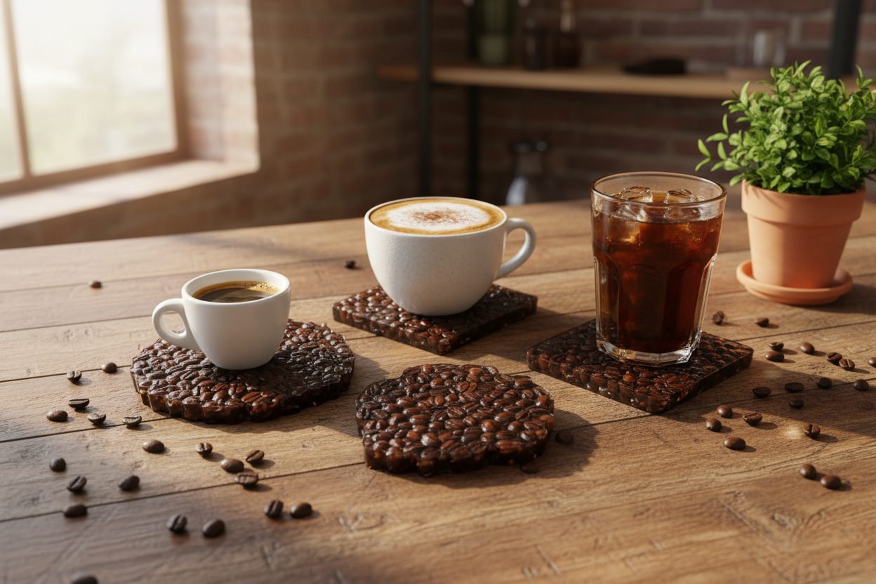 Set posavasos café en mesa de madera con tazas