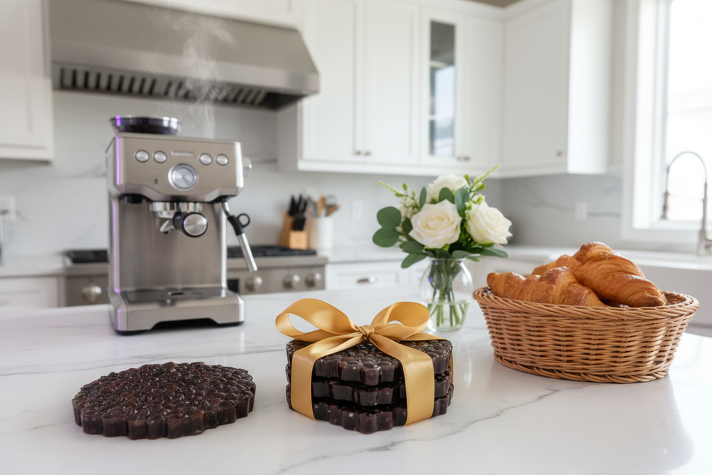 Set posavasos café como regalo en cocina moderna