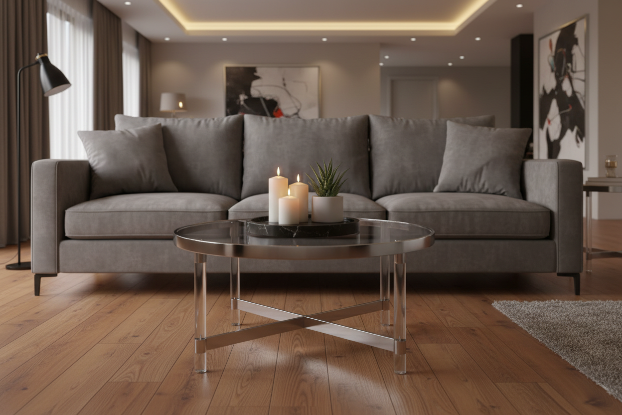 Mesa de centro en salón moderno con velas y suculenta