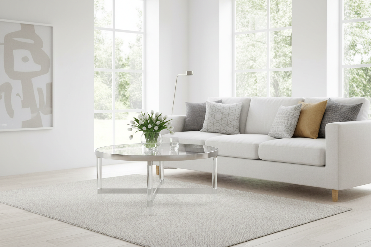 Mesa de centro en salón minimalista con flores blancas