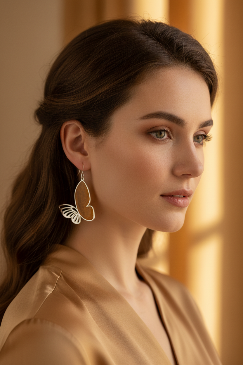Mujer elegante con pendientes mariposa ámbar
