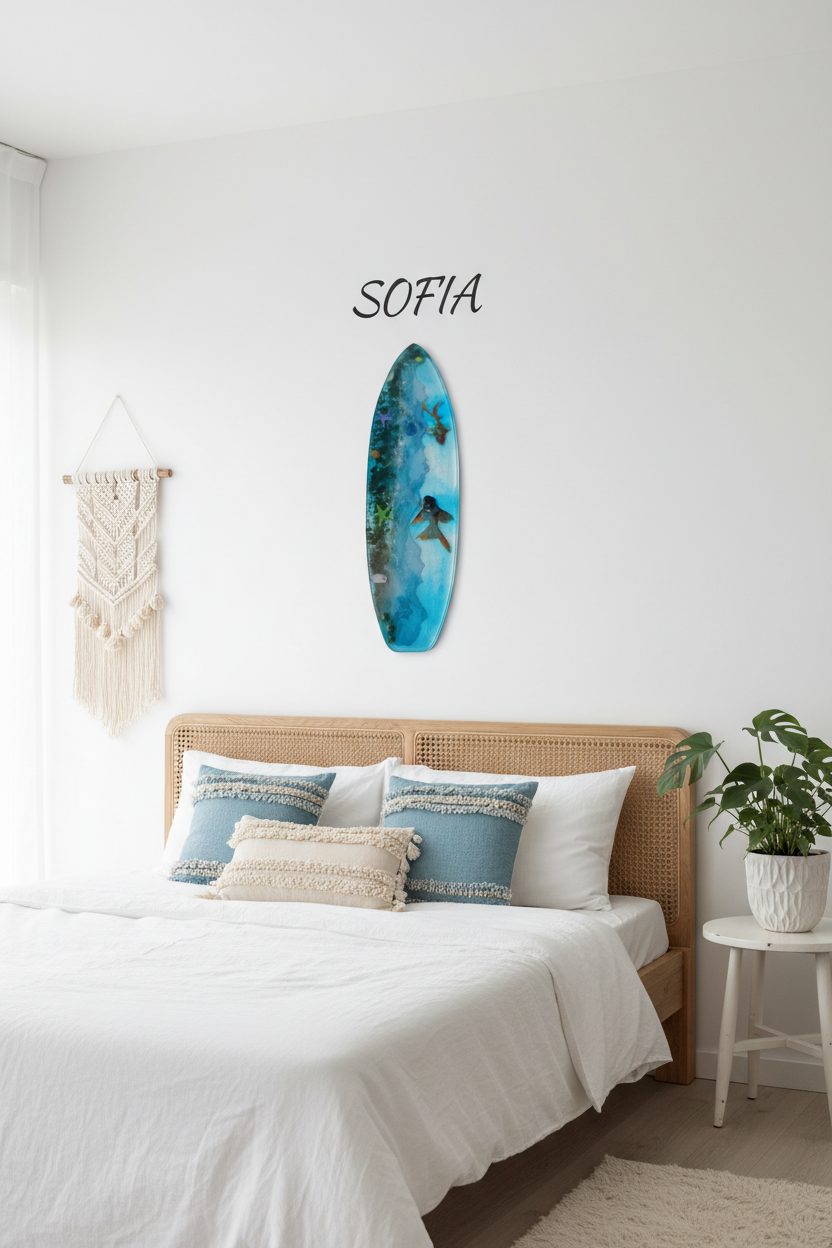 Tabla de surf decorativa en habitación con nombre y mucha luz
