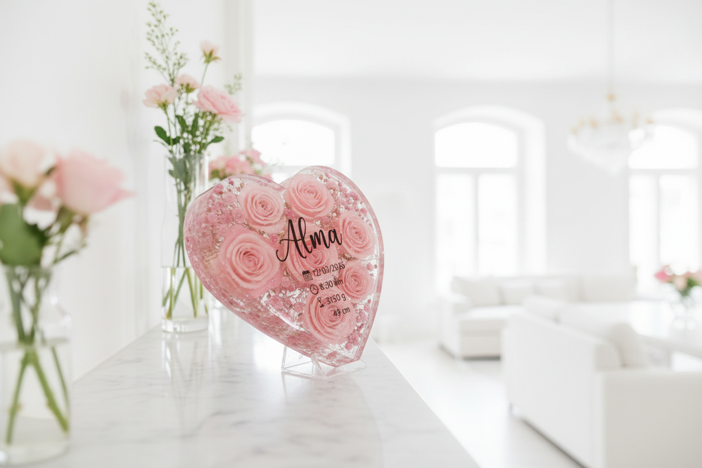 Corazón de resina artesanal con recuerdo de nacimiento personalizado en salón luminoso blanco