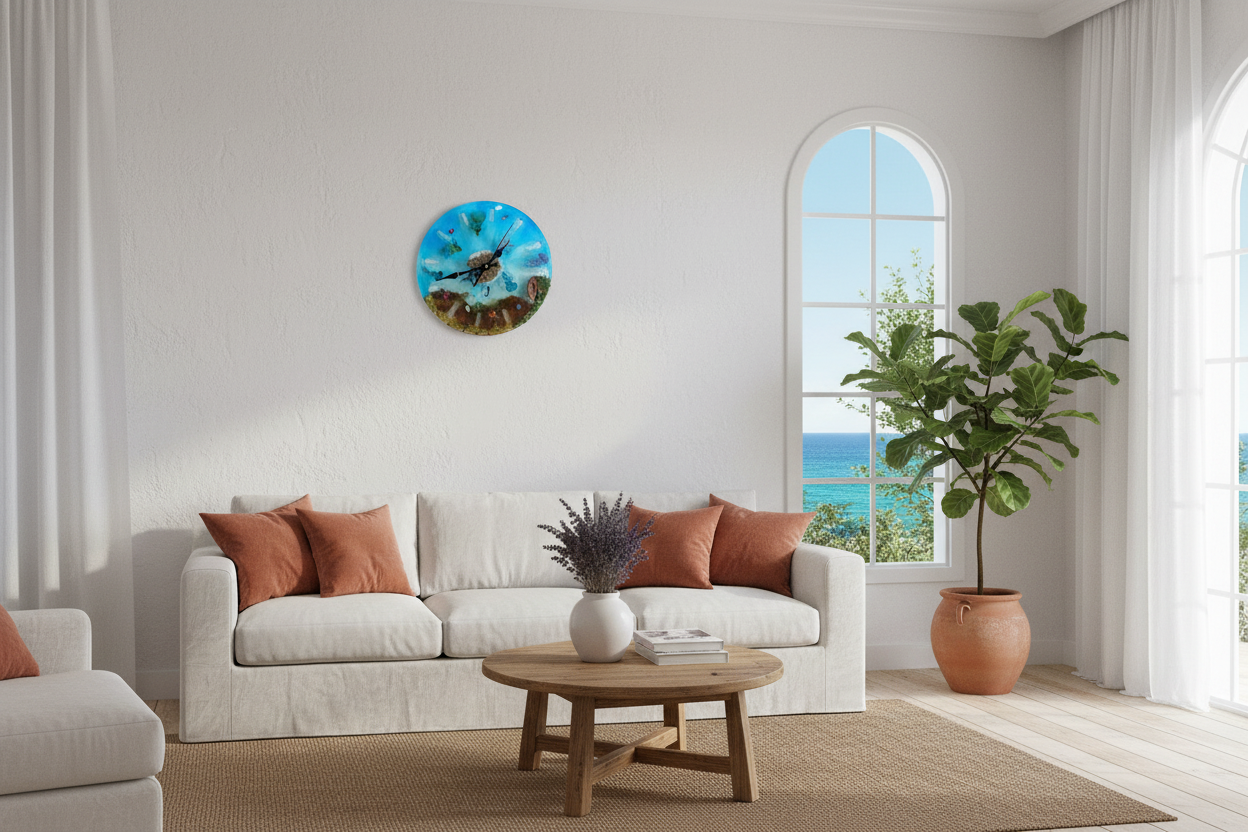 Reloj fondo marino en salón mediterráneo elegante