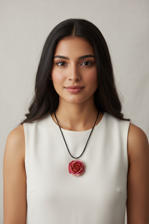 Modelo luciendo collar rosa dorada de frente