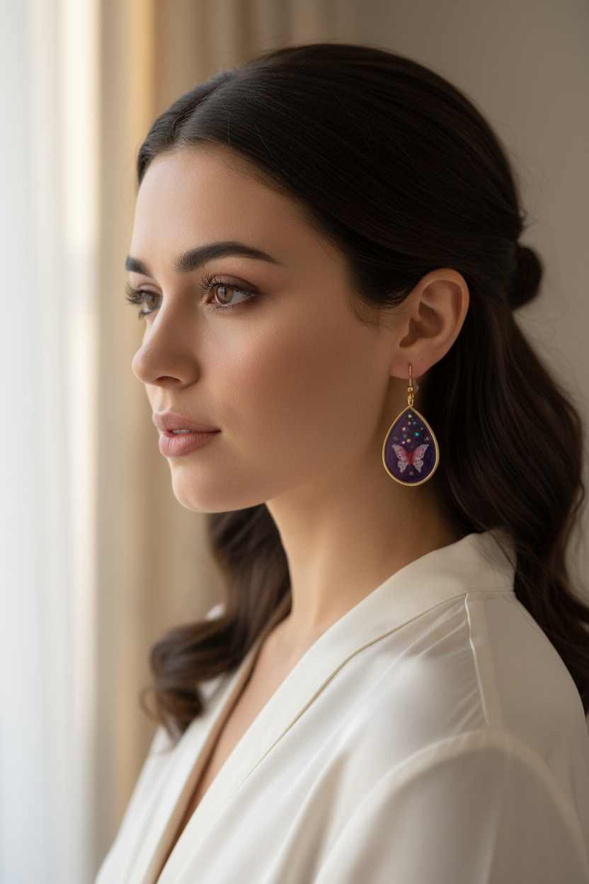Mujer elegante con pendientes lágrima mariposa morada