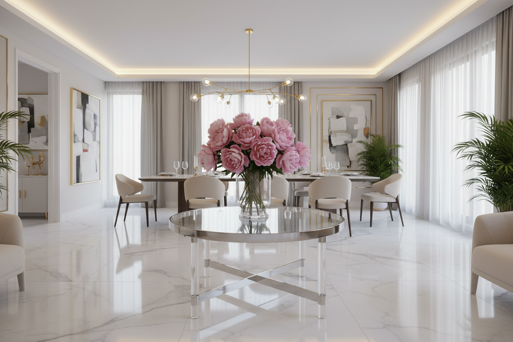 Mesa de centro en comedor de lujo con peonías rosas