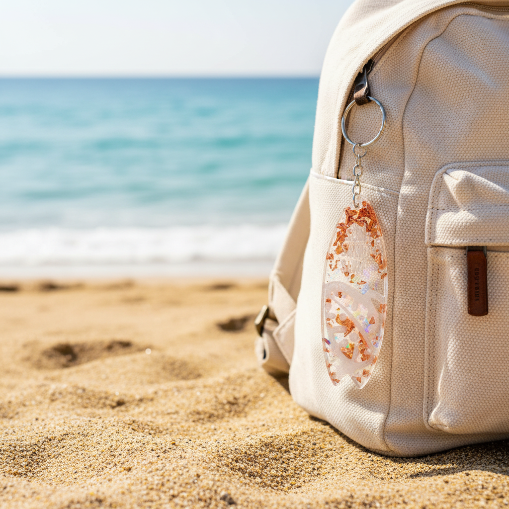 Llavero Sun Sand Surf colgando de mochila en playa