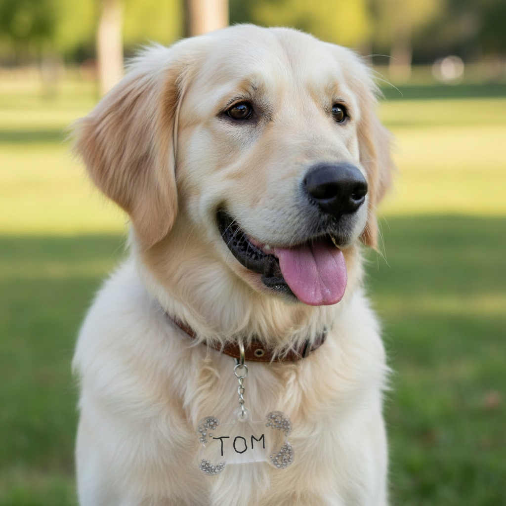 Golden retriever con llavero hueso TOM personalizado en collar