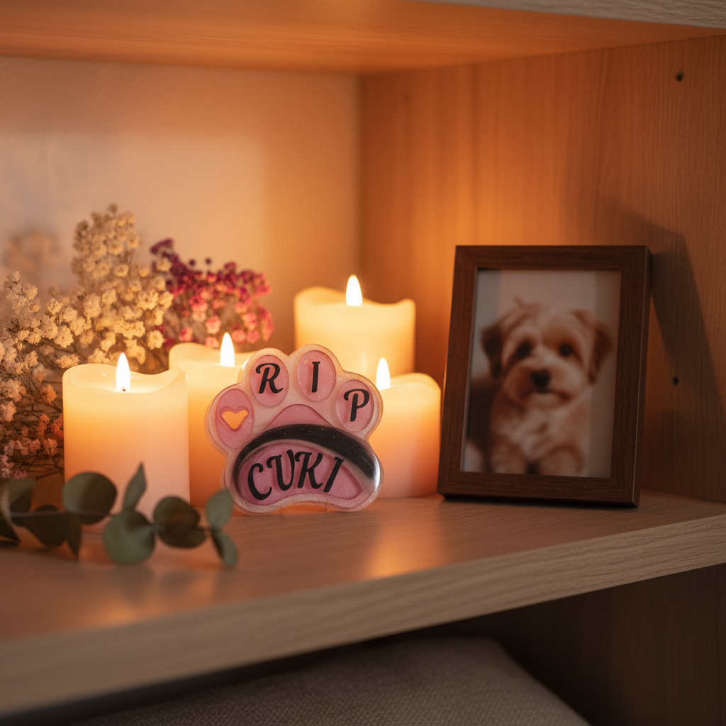 Huella memorial en estantería con velas y flores
