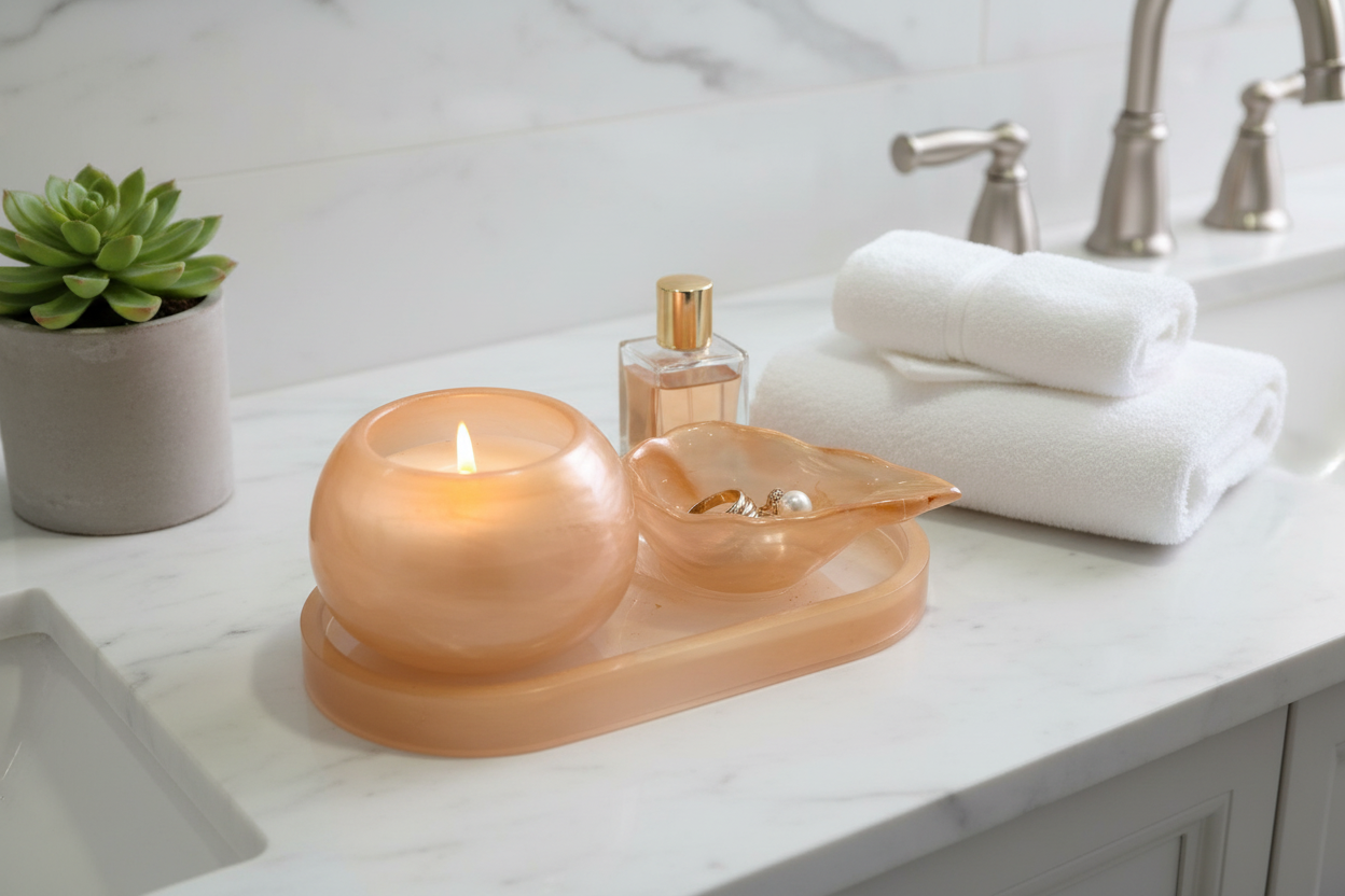 Juego decorativo dorado en baño de lujo