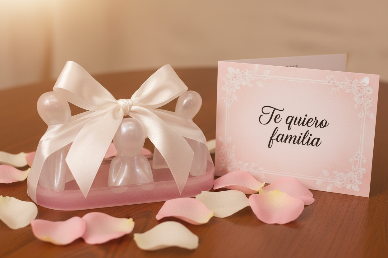 Figura familia feliz como regalo con lazo blanco
