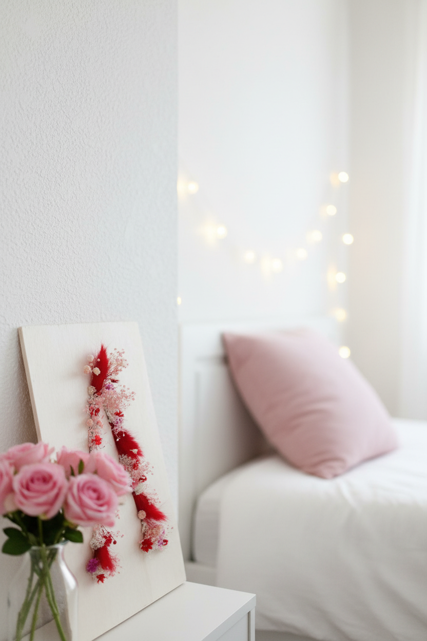 Cuadro letra A floral en habitación femenina con rosas