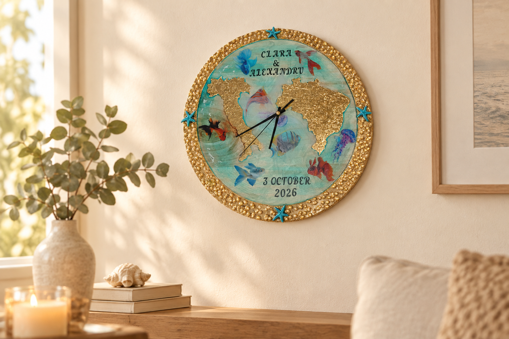 Reloj de pared artesanal de madera, resina y papel de oro colgado en una pared
