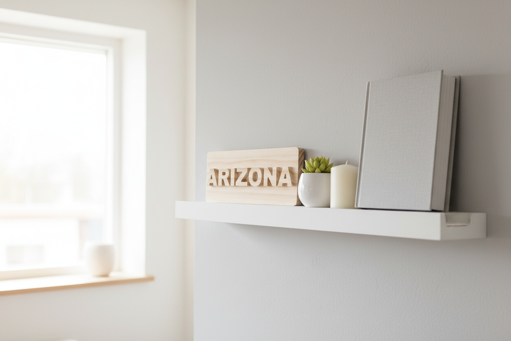 Placa ARIZONA en estantería salón moderno