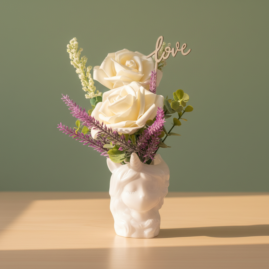 Maceta unicornio rosas blancas