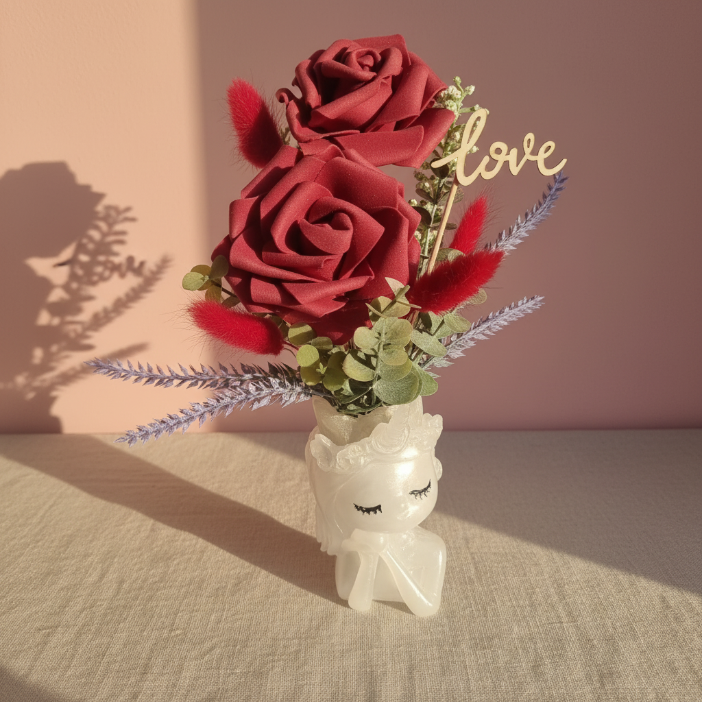 Maceta unicornio rosas burdeos