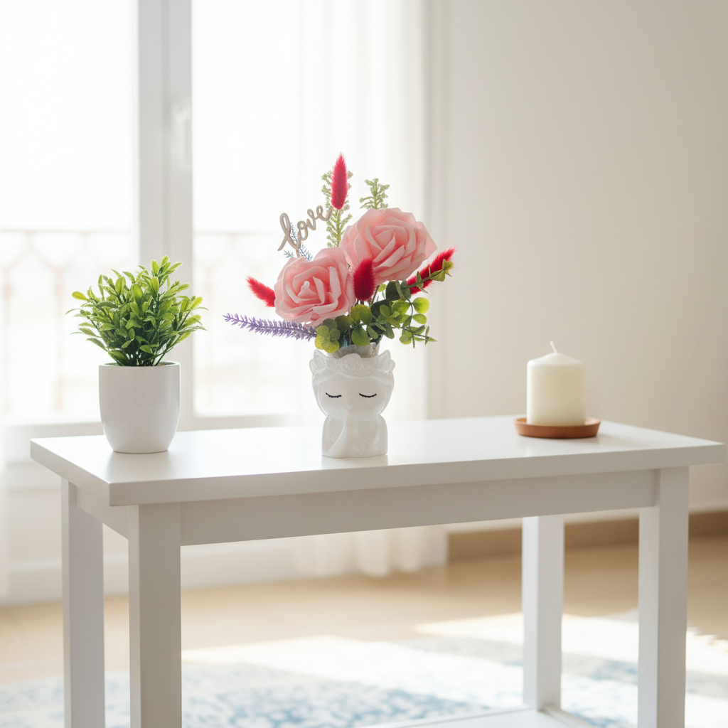 Maceta unicornio rosas rosas en salón