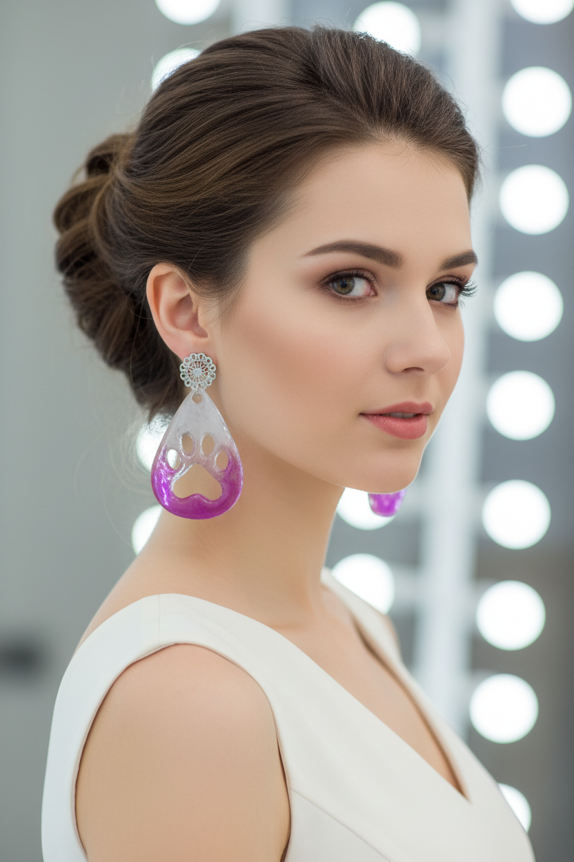 Pendientes Huella de Patita Morada — Resina Artesanal