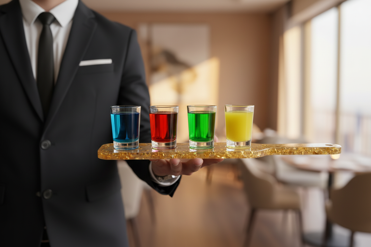 Tabla chupitos en mano sirviendo