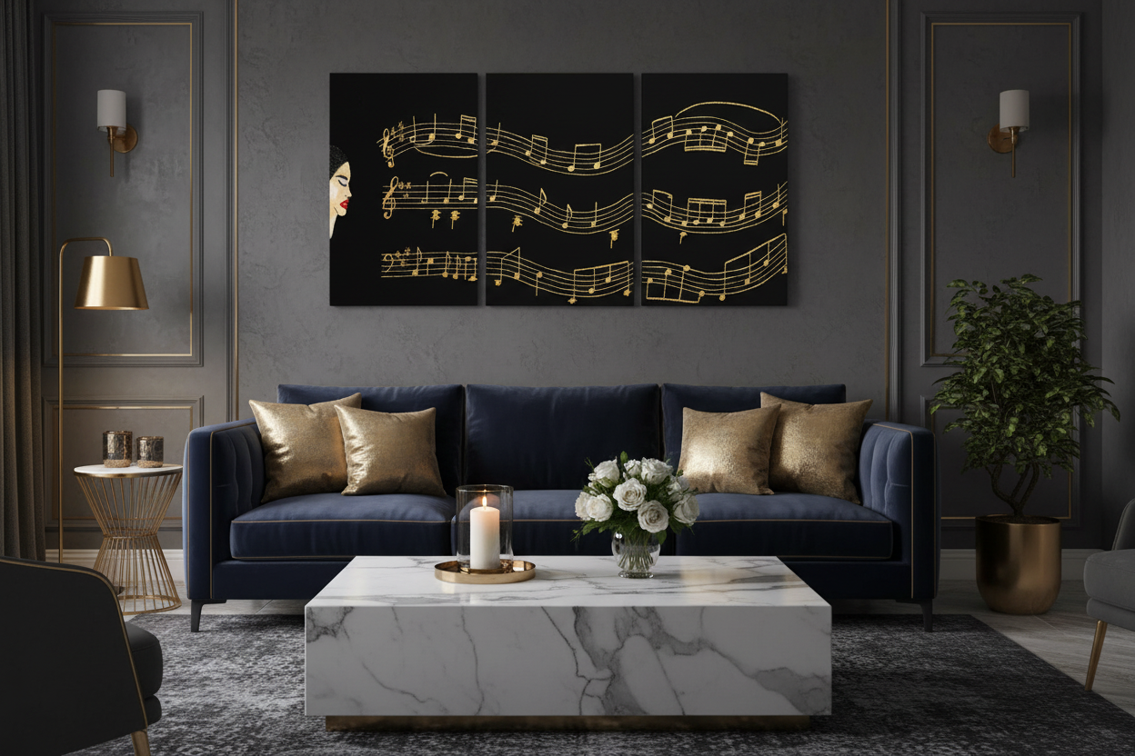 Tríptico musical en salón elegante